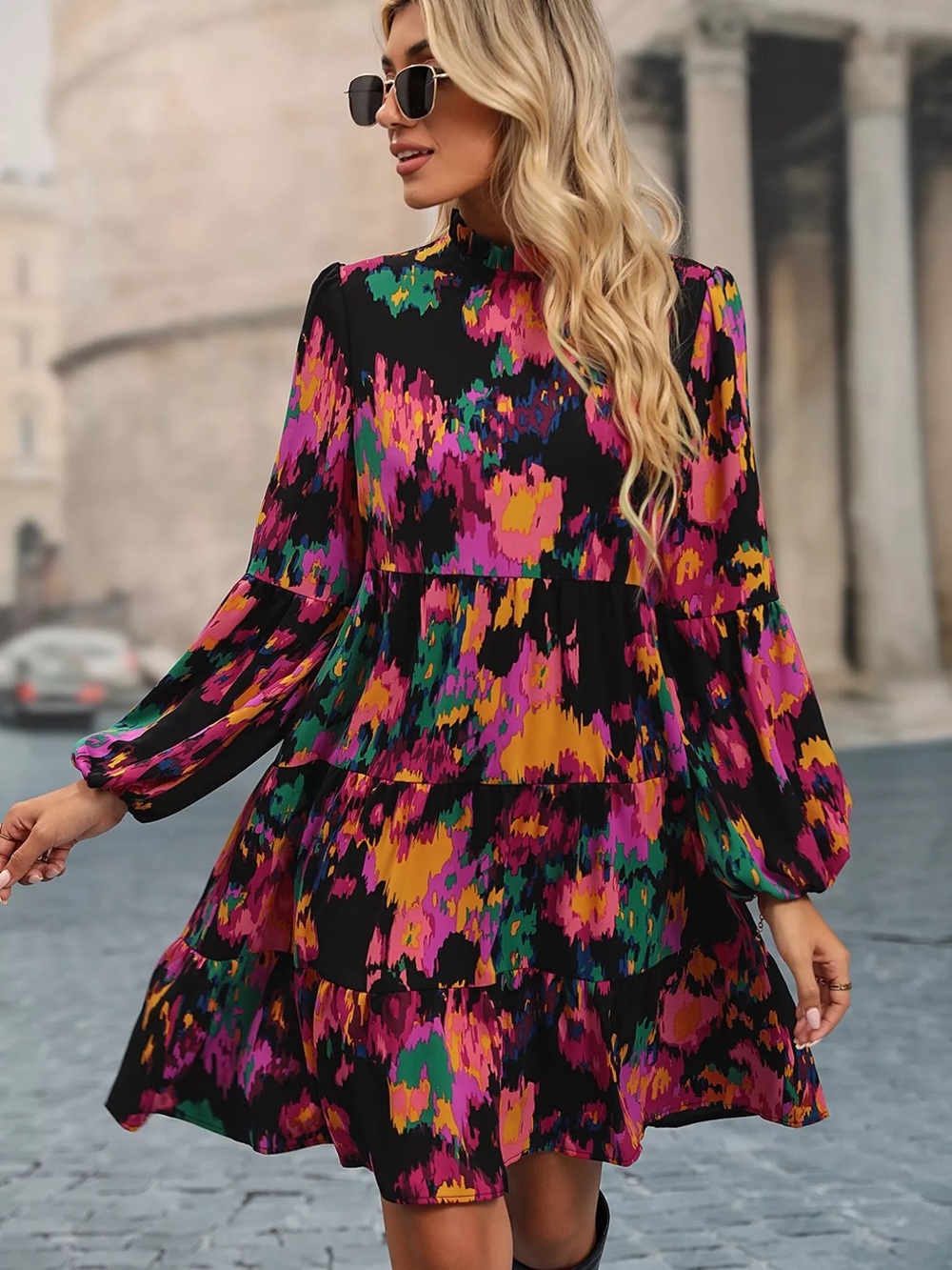 Black Multi-Color Floral Tiered Long-Sleeve Dress